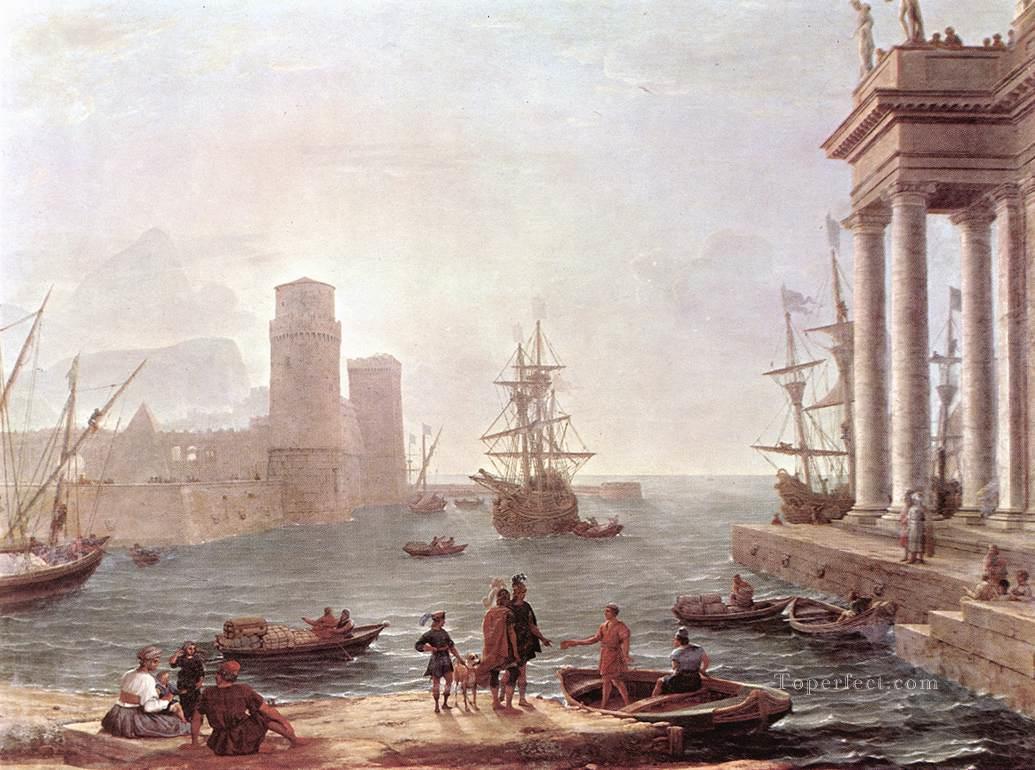 Port Scene with the Departure of ulysses from the Land of the Feaci landscape Claude Lorrain Beach Oil Paintings